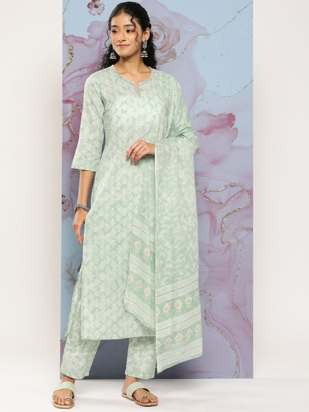 NOZ2TOZ Women Green Ethnic Embroidered Kurta With Palazzo And Dupatta - Distacart