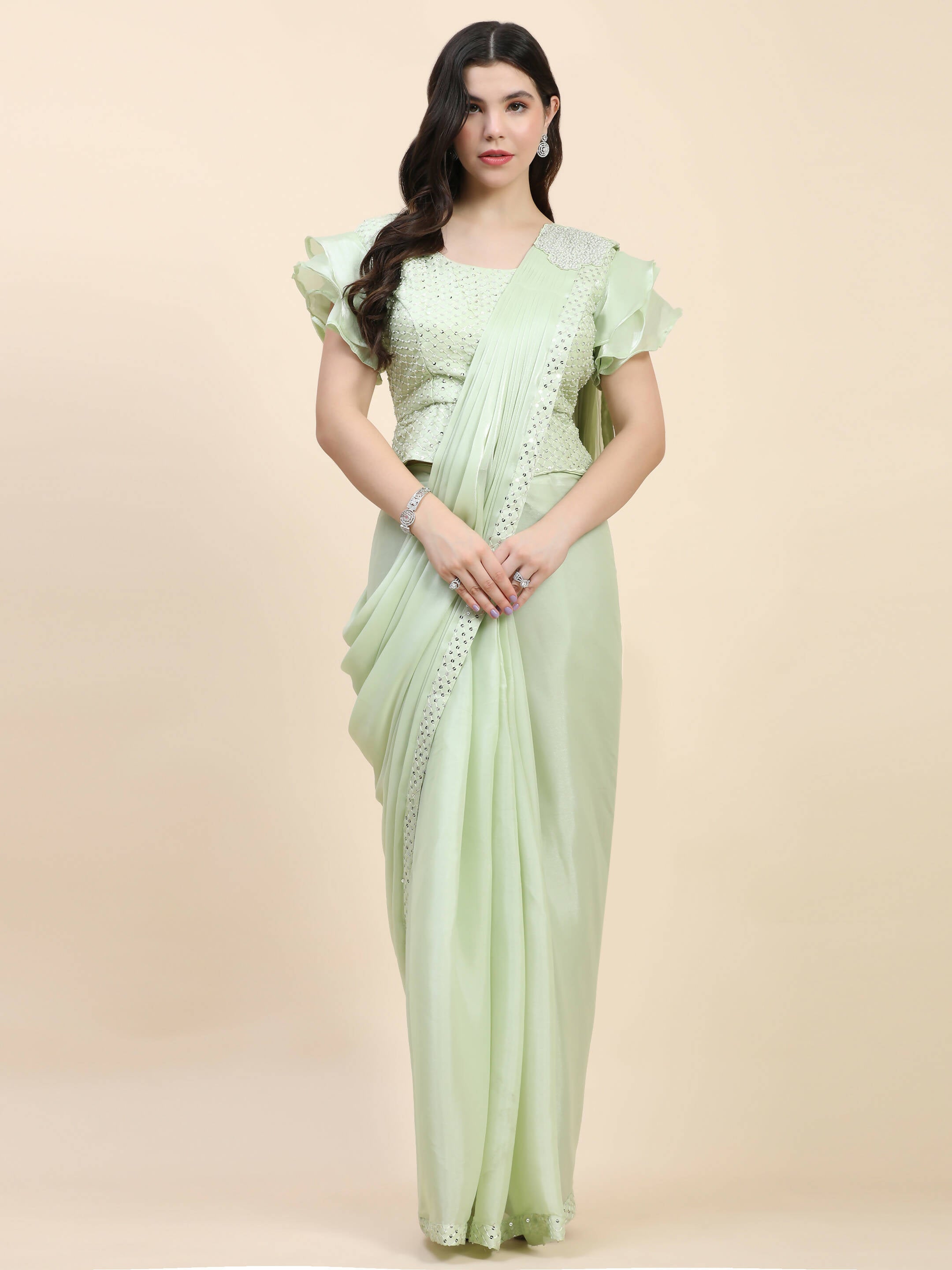 Light Green Silk Satin Sequence Work Ready to Wear Saree with stitched Blouse - Nirvana - Distacart