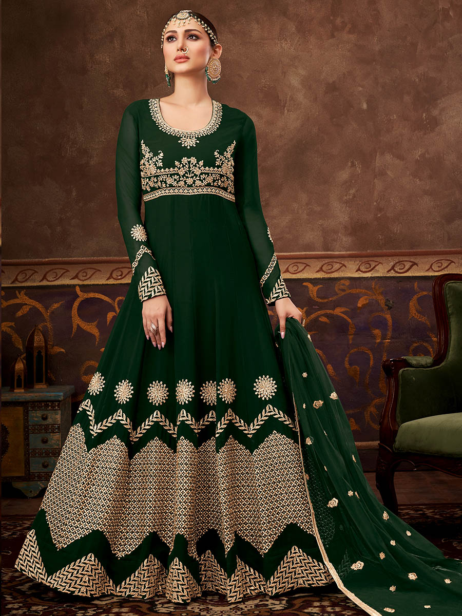 Myra Deep Green Real Georgette Embroidered Anarkali Suit - Distacart