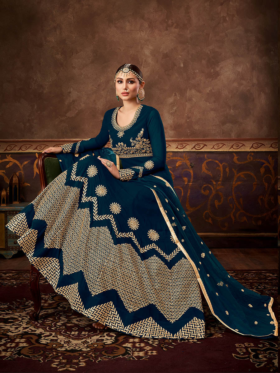 Myra Rama Green Real Georgette Embroidered Anarkali Suit - Distacart