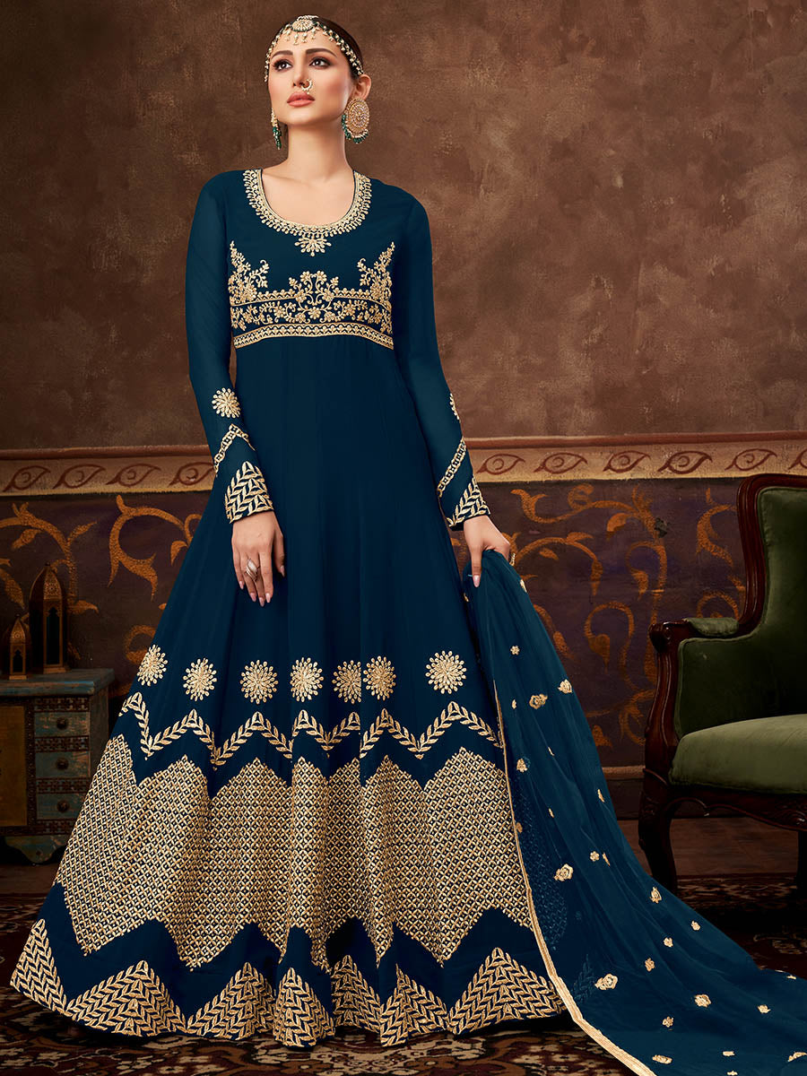 Myra Rama Green Real Georgette Embroidered Anarkali Suit - Distacart