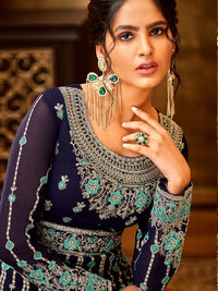 Thumbnail for Myra Navy Blue and Sea Blue Pure Georgette Embroidered Party Wear Suit - Distacart