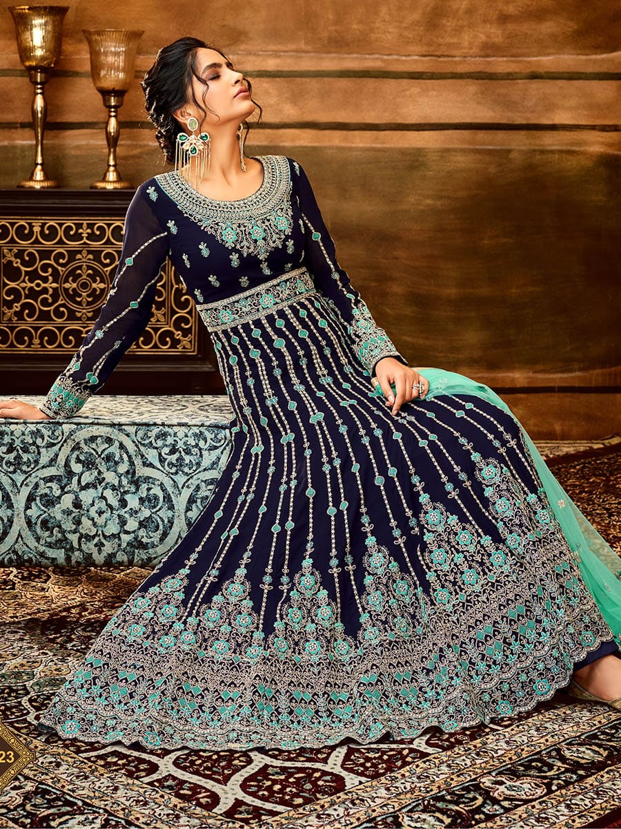 Myra Navy Blue and Sea Blue Pure Georgette Embroidered Party Wear Suit - Distacart