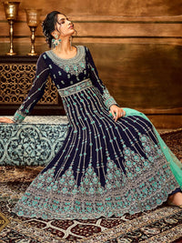Thumbnail for Myra Navy Blue and Sea Blue Pure Georgette Embroidered Party Wear Suit - Distacart