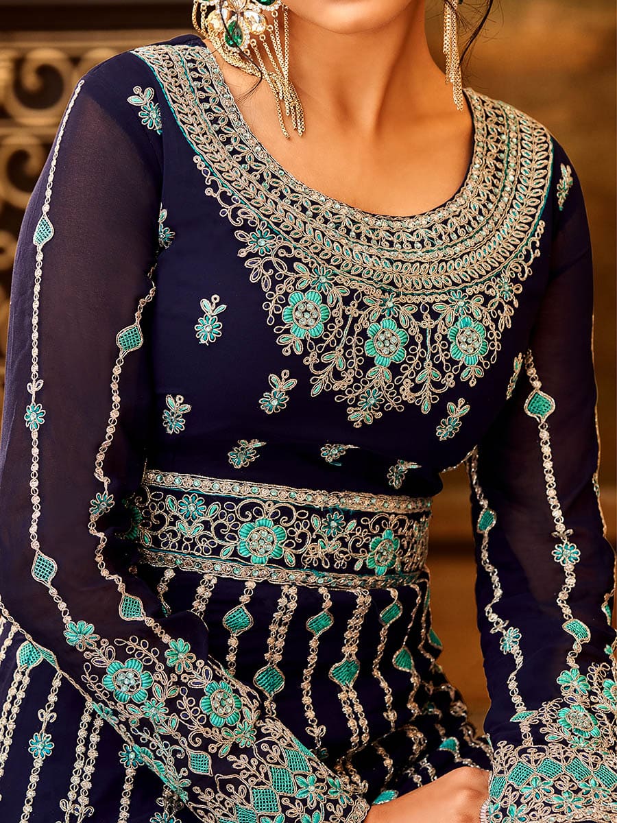 Myra Navy Blue and Sea Blue Pure Georgette Embroidered Party Wear Suit - Distacart