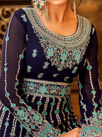 Thumbnail for Myra Navy Blue and Sea Blue Pure Georgette Embroidered Party Wear Suit - Distacart