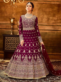 Thumbnail for Myra Maroon Pure Georgette Embroidered Party Wear Suit - Distacart