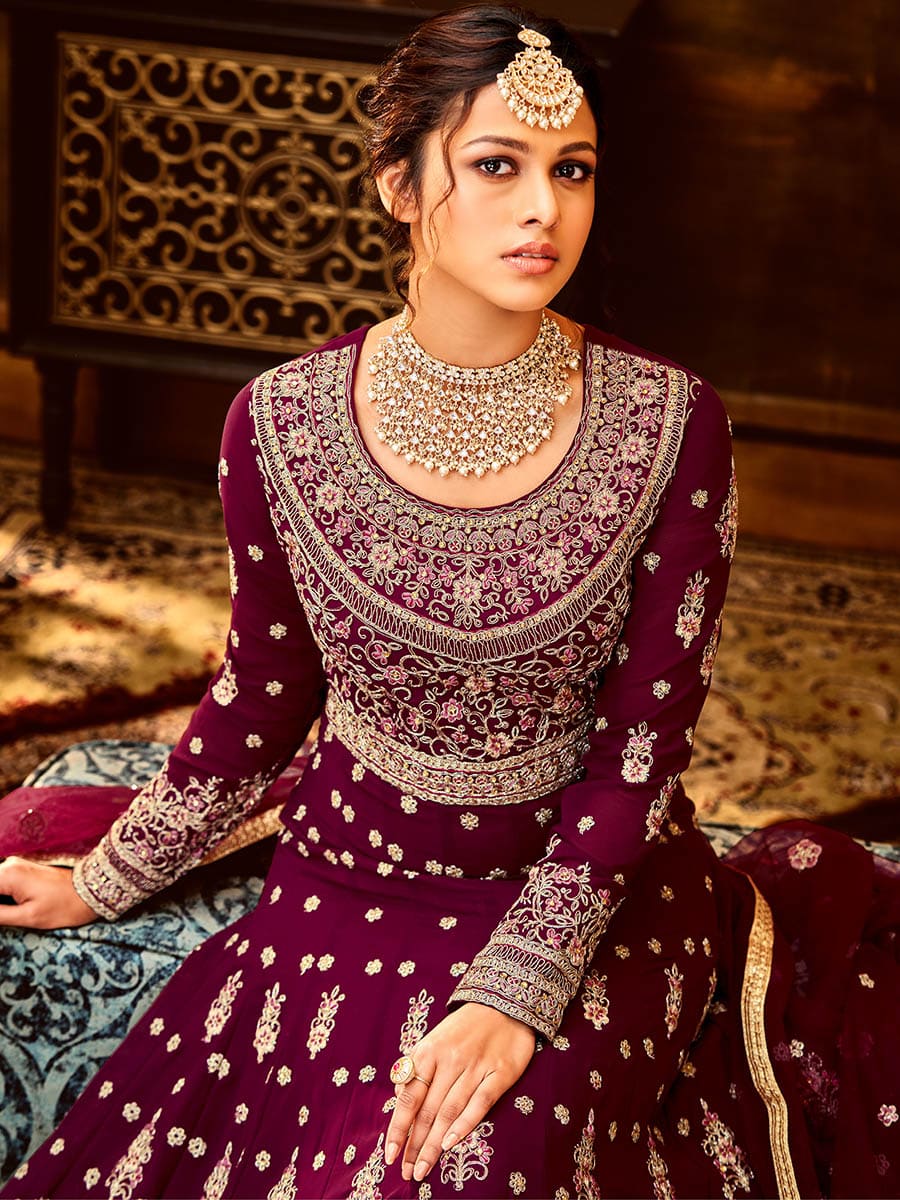 Myra Maroon Pure Georgette Embroidered Party Wear Suit - Distacart