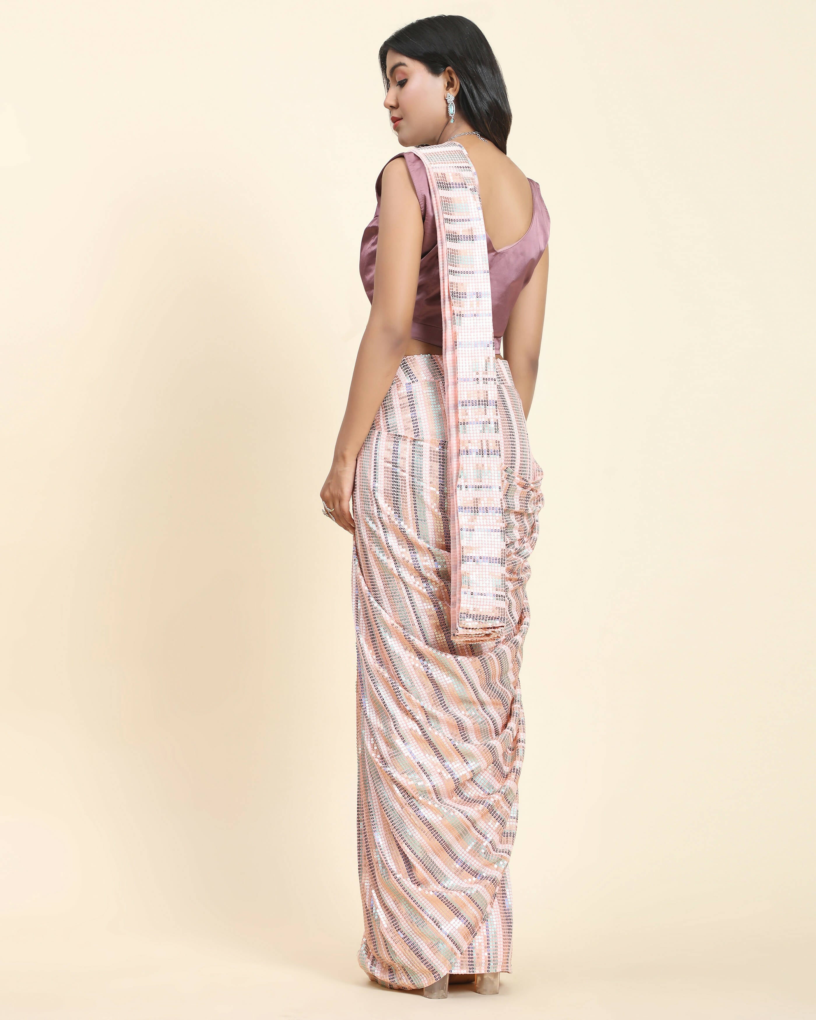 Peach Pure Georgette Sequence work Ready to wear Saree with stitched Blouse - Satiksha - Distacart