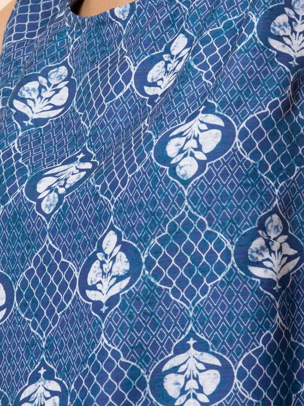Indya Blue & White Printed A-Line Kurta - Distacart