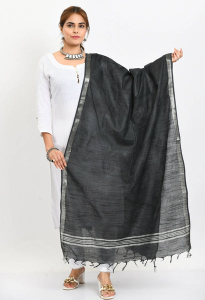 Mominos Fashion Moeza Women's Linen Cotton Silver Border Black Dupatta - Distacart