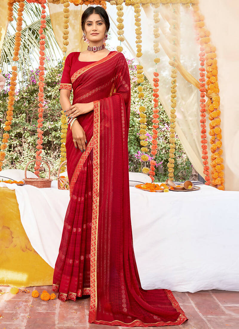 Red Georgette Foil Printed Saree with Unstitched Blouse Piece - Avika - Distacart