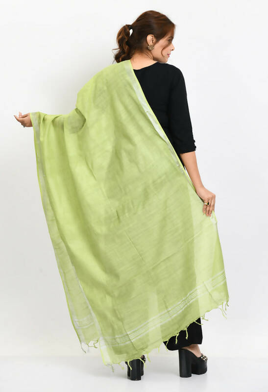 Mominos Fashion Moeza Women's Linen Cotton Silver Border Parrot Green Dupatta - Distacart