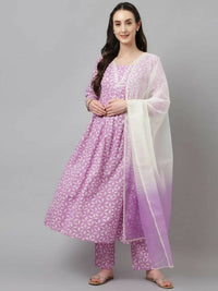 Thumbnail for FIORRA Women's Lavender Lurex Cotton Flared Kurta Pant With Dupatta - Distacart