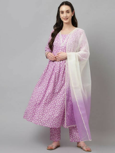 FIORRA Women's Lavender Lurex Cotton Flared Kurta Pant With Dupatta - Distacart