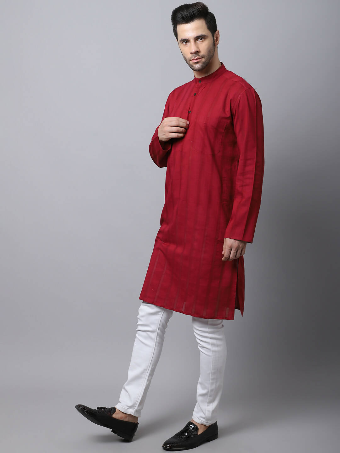 Even Apparels Maroon Pure Cotton Men's Kurta With Band Collar - Distacart