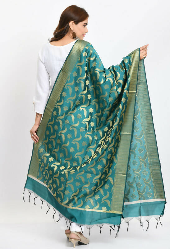 Mominos Fashion Moeza Women's Banarsi Silk Floral Woven Design Rama Green Dupatta - Distacart