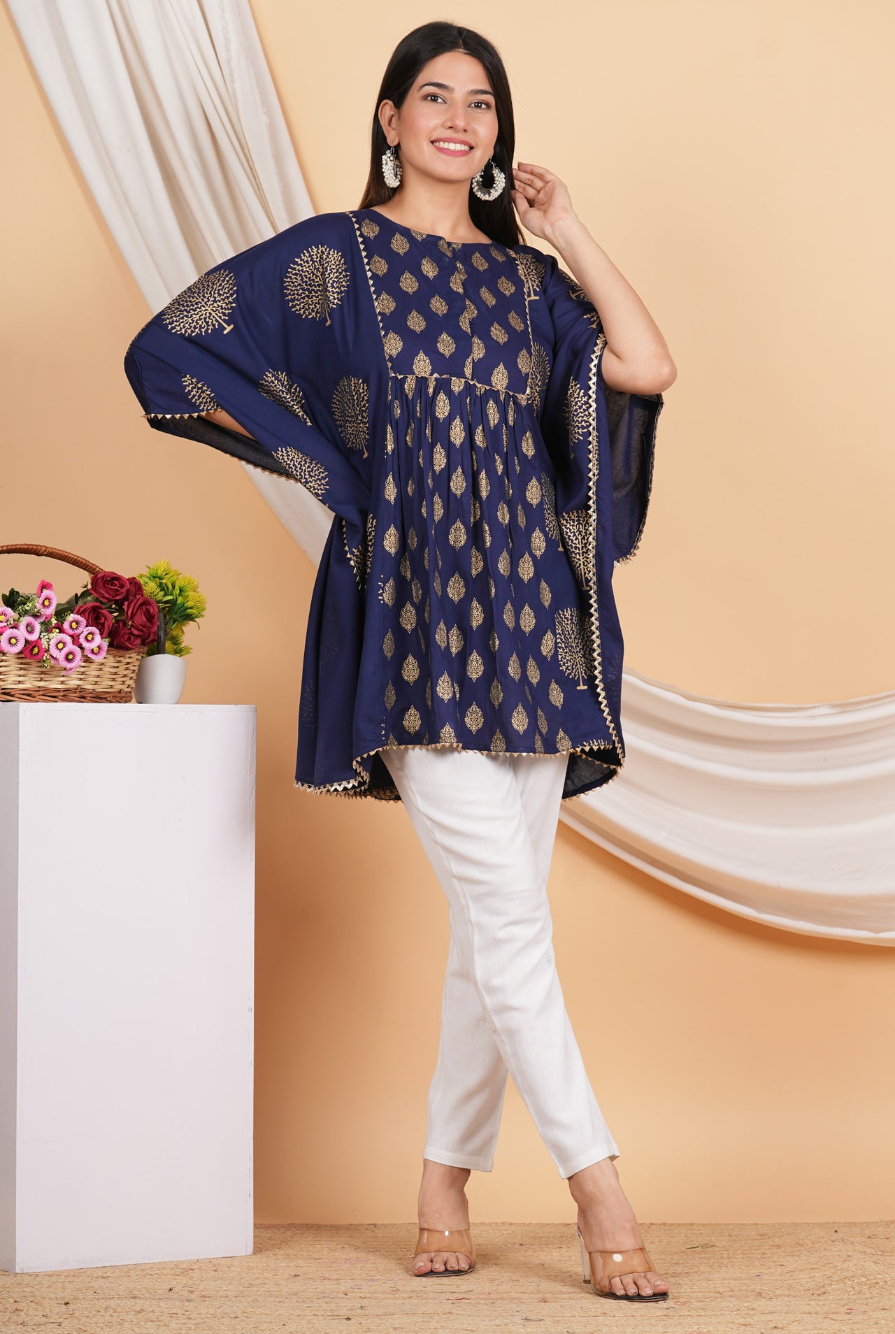 House of RP Women NavyBlue Rayon Ethnic Print Kaftan - Distacart