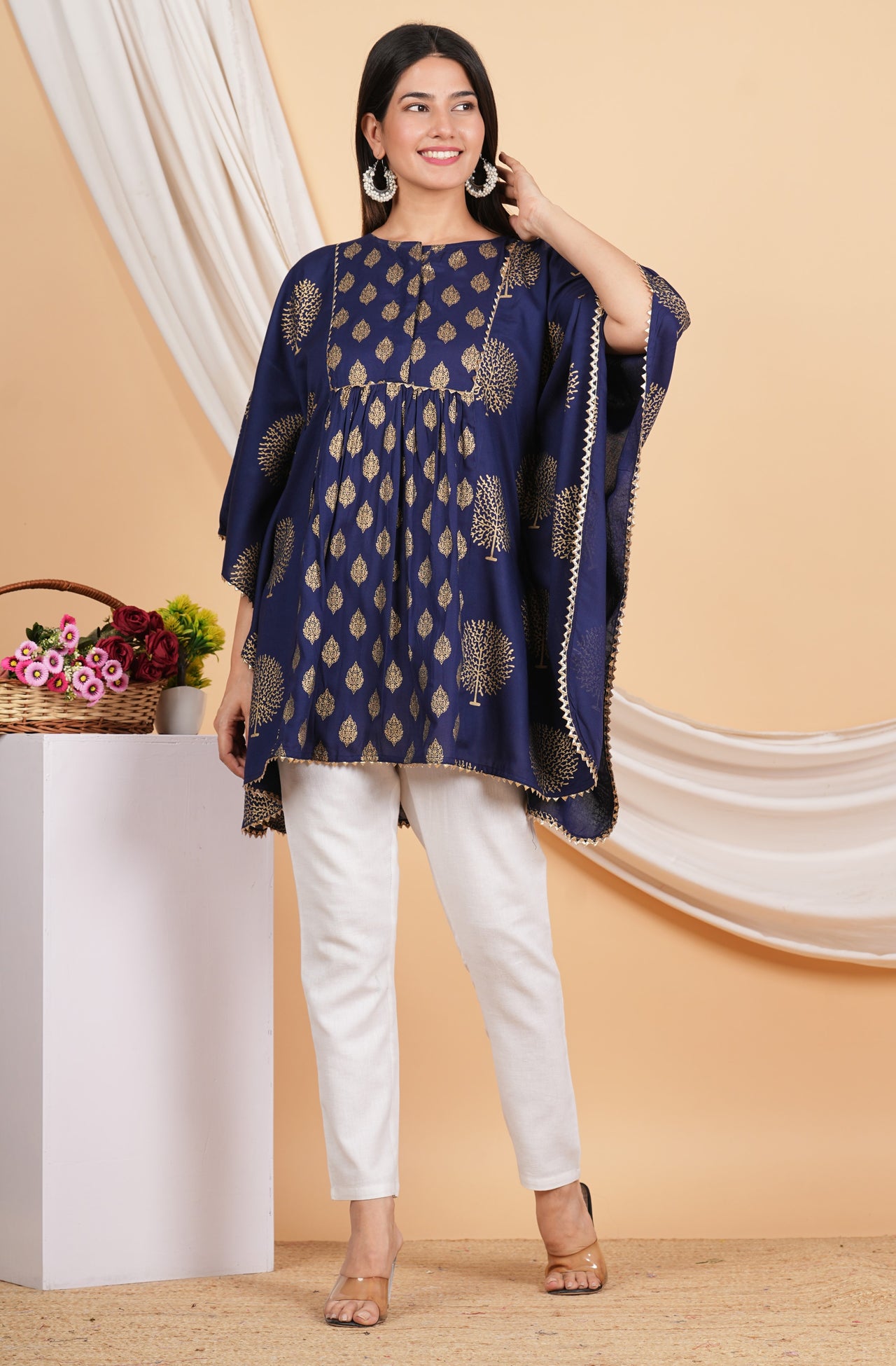House of RP Women NavyBlue Rayon Ethnic Print Kaftan - Distacart