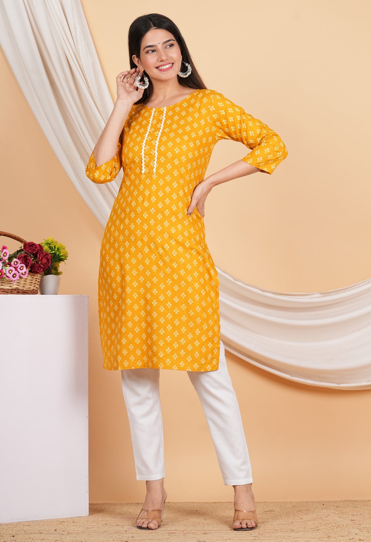 House of RP Women Yellow Rayon Floral Printed Kurta - Distacart