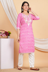 Thumbnail for House of RP Women Pink Rayon Ethnic Print Kurta & Pant Set - Distacart