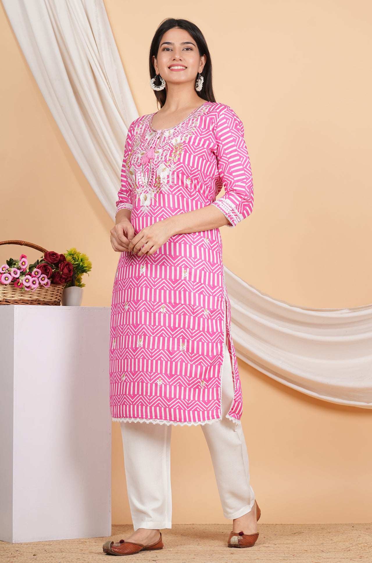 House of RP Women Pink Rayon Ethnic Print Kurta & Pant Set - Distacart