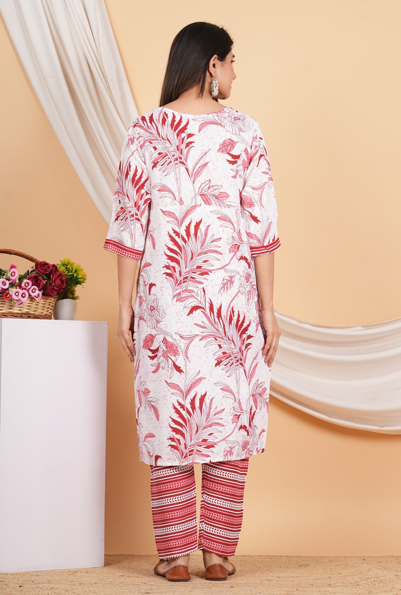 House of RP Women White & Red Rayon Floral Print Kurta & Pant Set - Distacart