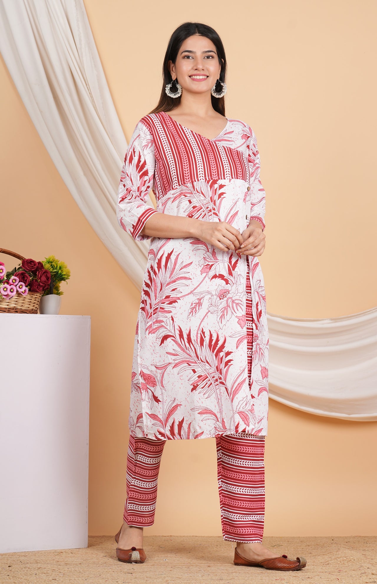 House of RP Women White & Red Rayon Floral Print Kurta & Pant Set - Distacart
