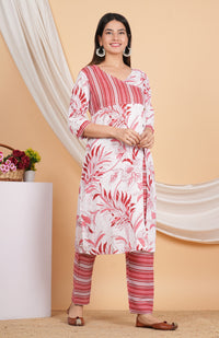 Thumbnail for House of RP Women White & Red Rayon Floral Print Kurta & Pant Set - Distacart