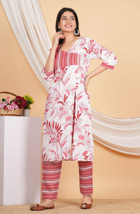 Thumbnail for House of RP Women White & Red Rayon Floral Print Kurta & Pant Set - Distacart