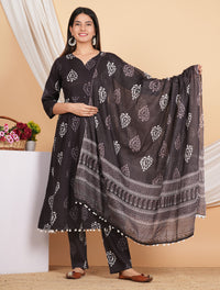 Thumbnail for House of RP Wine Rayon Floral Print Kurta, Palazzo & Dupatta Set - Distacart