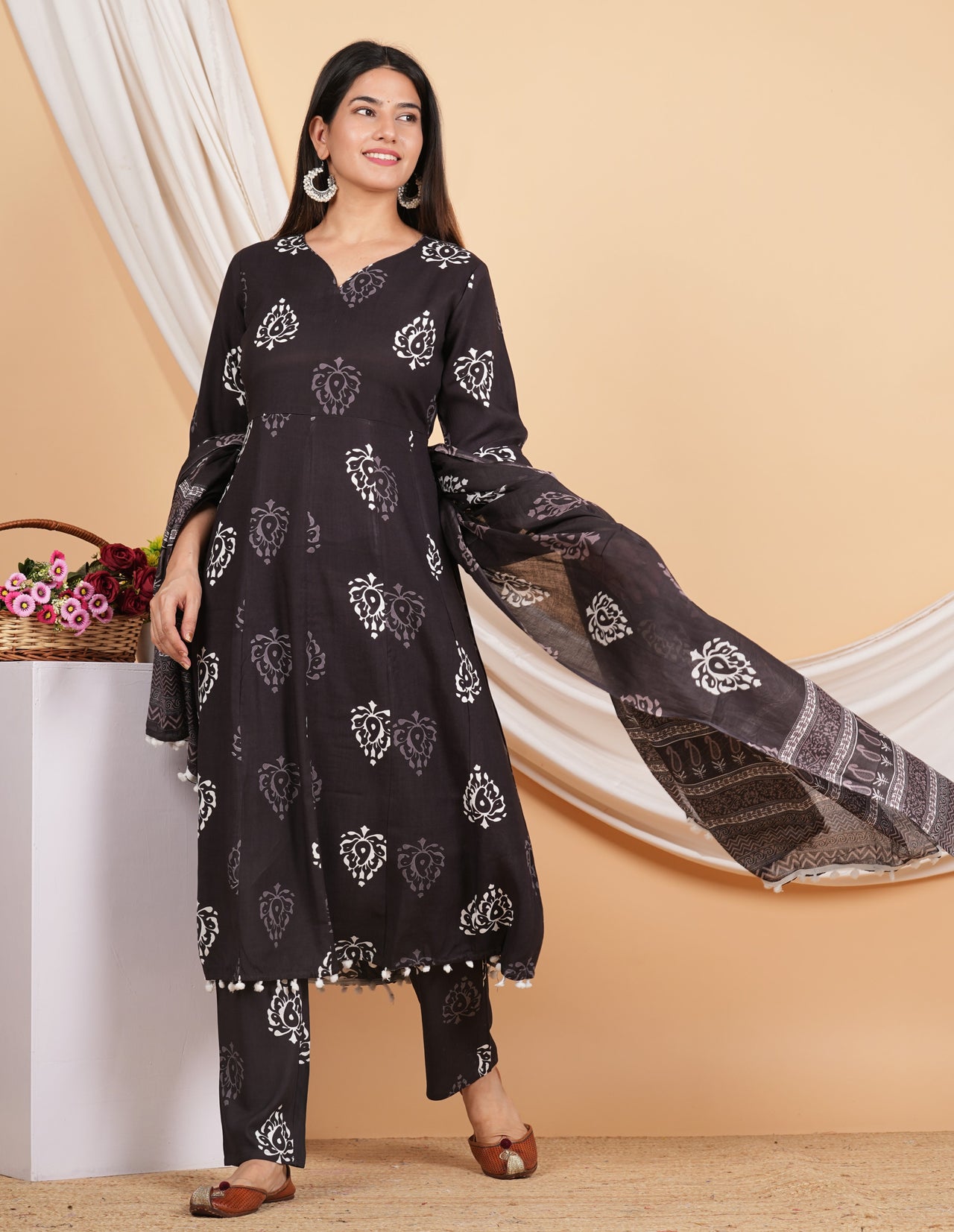 House of RP Wine Rayon Floral Print Kurta, Palazzo & Dupatta Set - Distacart