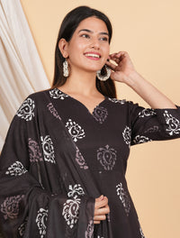 Thumbnail for House of RP Wine Rayon Floral Print Kurta, Palazzo & Dupatta Set - Distacart
