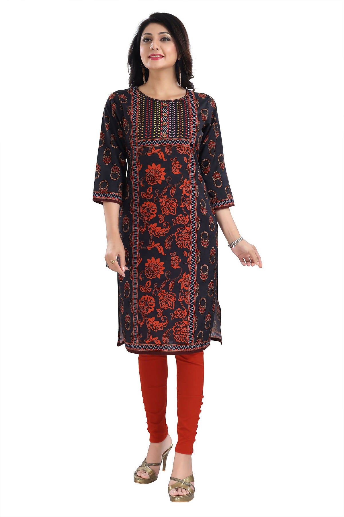 Snehal Creations Elegant Black Designer Digital Print Cotton Slub Fabric Long Kurti Tunic - Distacart