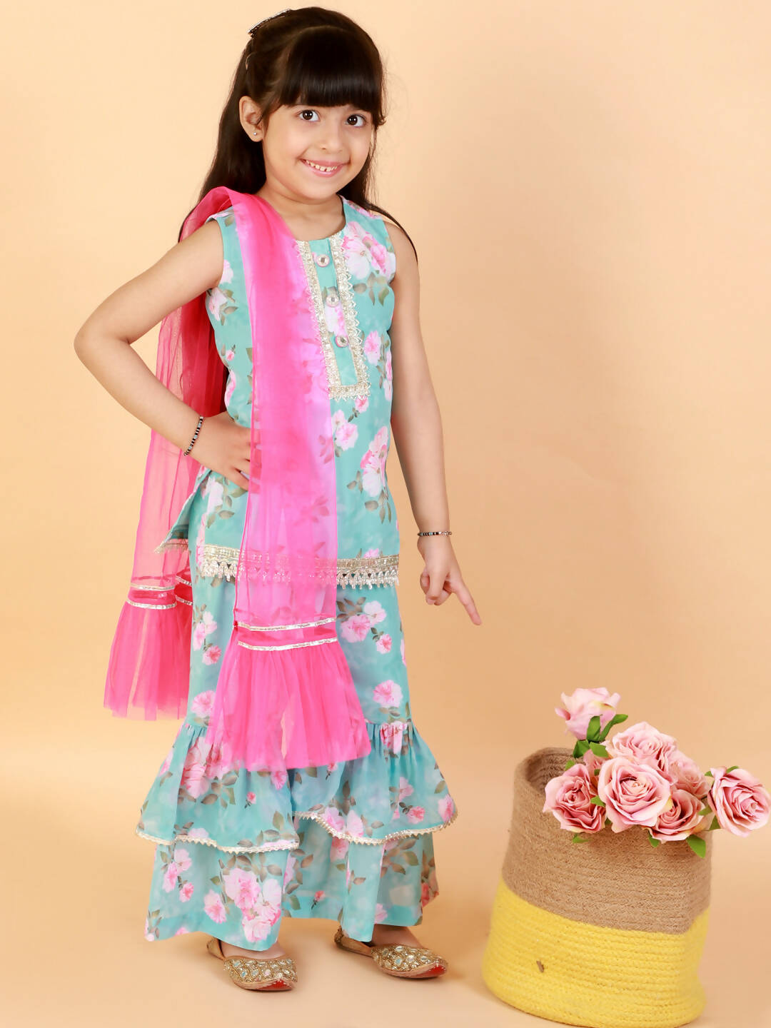 Lil Drama Girls Kurta With Sharara & Dupatta Set - Blue - Distacart