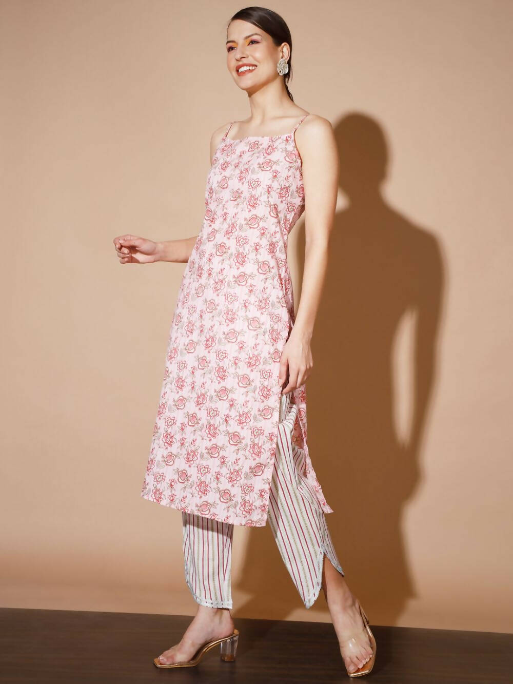 Myshka Women Pink Printed Kurta & Trousers - Distacart