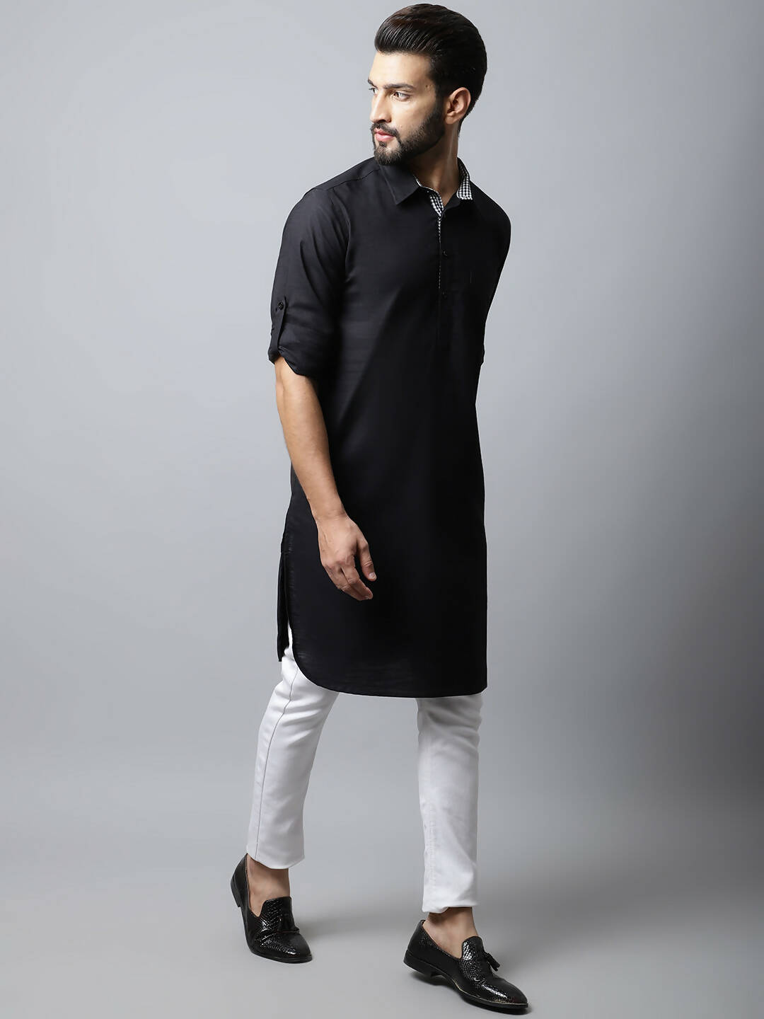 Even Apparels Black Color Linen Solid Men's Kurta With Shirt Collar (LN761) - Distacart