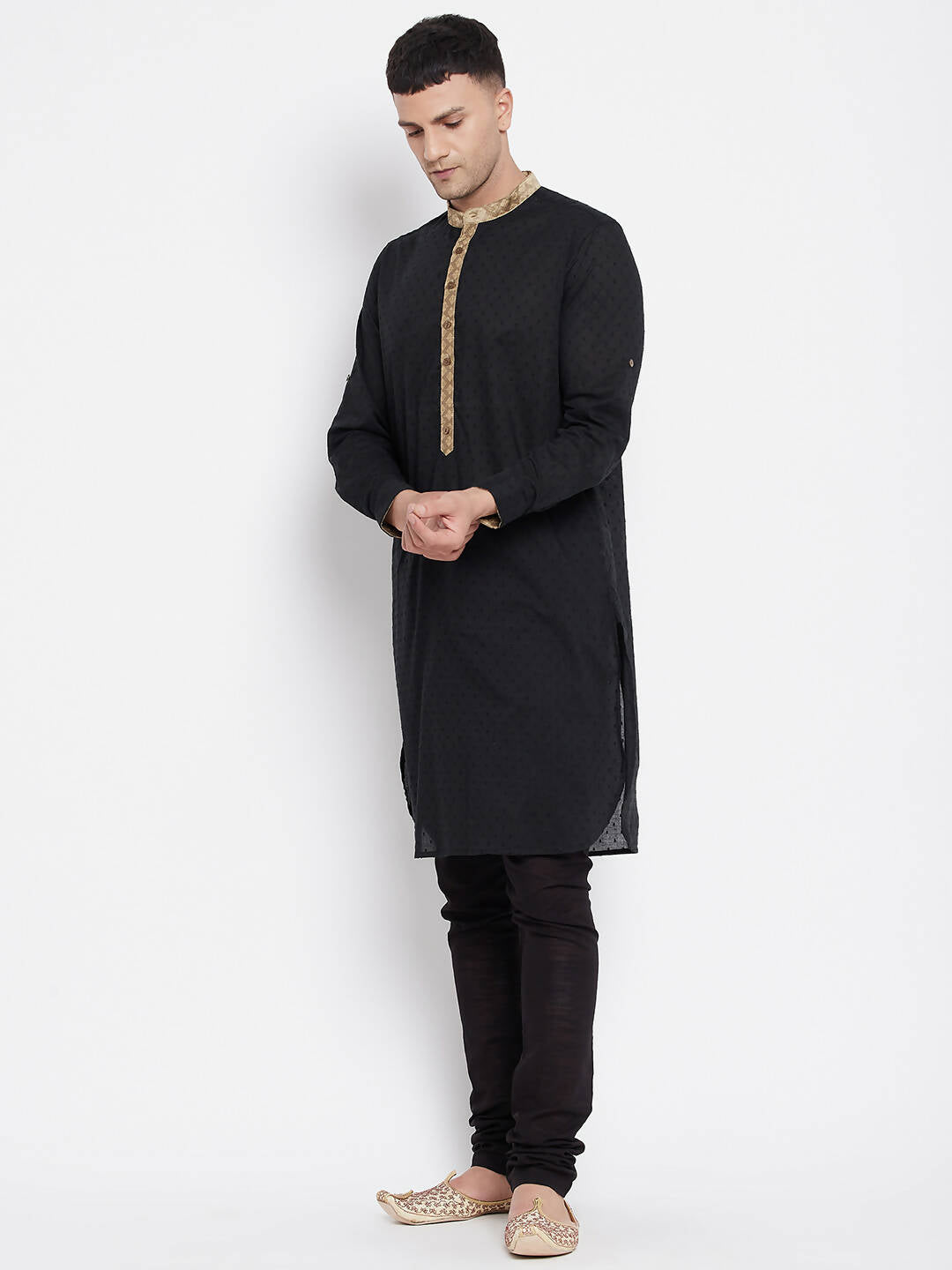Even Apparels Black Pure Cotton Men's Kurta With Contrast Collar And Placket - Distacart