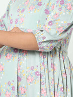 Thumbnail for Manet Three Fourth Maternity Dress Pink Floral Print With Concealed Zipper Nursing Access - Green - Distacart