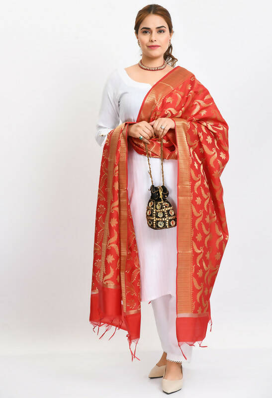 Mominos Fashion Moeza Women's Banarsi Silk Floral Woven Design Red Dupatta - Distacart