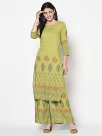 Thumbnail for Aniyah Rayon Parrot Green Color Block Print Flared Slip-On Palazzo (AN-196K)