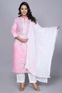 Thumbnail for NOZ2TOZ Women Printed Pink & White Cotton Kurta Set With Dupatta - Pink - Distacart