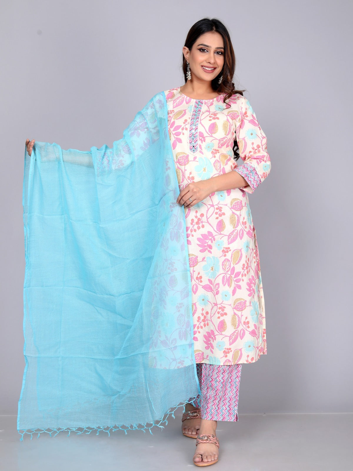 NOZ2TOZ Women Floral Printed Cotton Kurta Set With Dupatta - White - Distacart