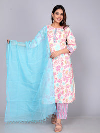 Thumbnail for NOZ2TOZ Women Floral Printed Cotton Kurta Set With Dupatta - White - Distacart