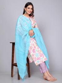 Thumbnail for NOZ2TOZ Women Floral Printed Cotton Kurta Set With Dupatta - White - Distacart