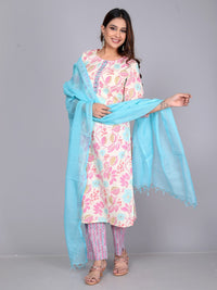 Thumbnail for NOZ2TOZ Women Floral Printed Cotton Kurta Set With Dupatta - White - Distacart
