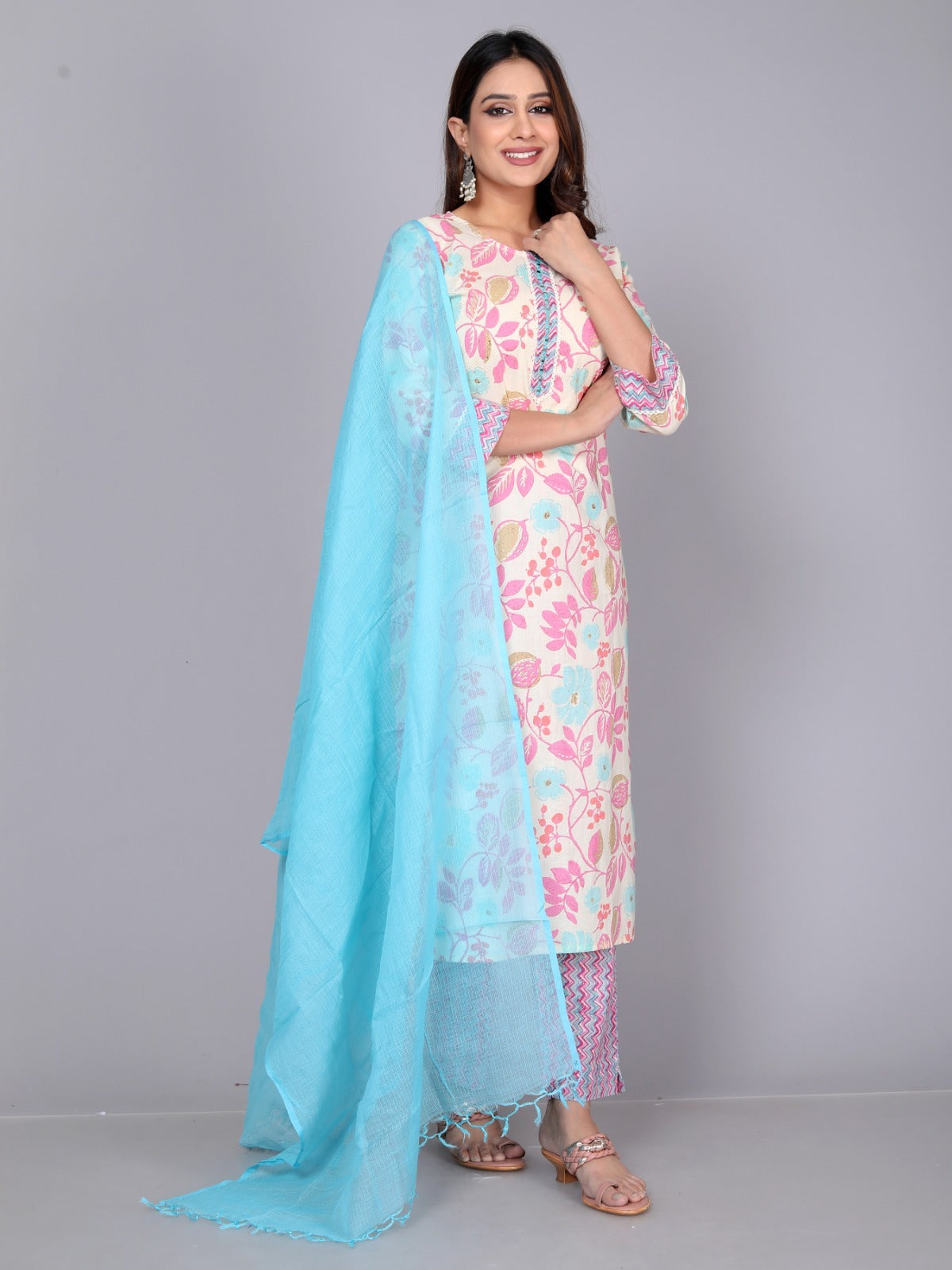 NOZ2TOZ Women Floral Printed Cotton Kurta Set With Dupatta - White - Distacart
