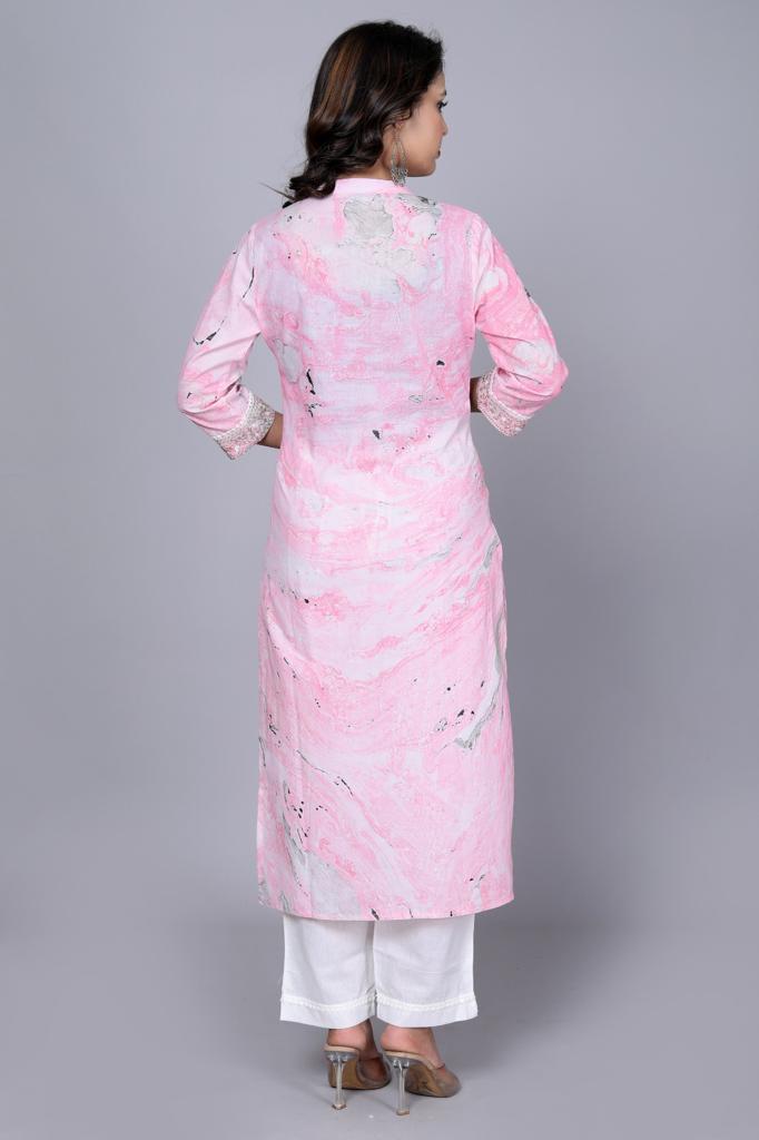 NOZ2TOZ Women Printed Pink & White Cotton Kurta Set With Dupatta - Pink - Distacart