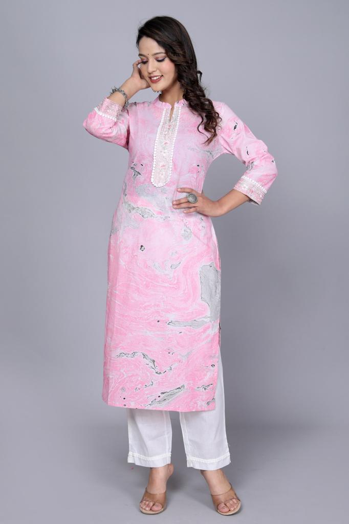 NOZ2TOZ Women Printed Pink & White Cotton Kurta Set With Dupatta - Pink - Distacart
