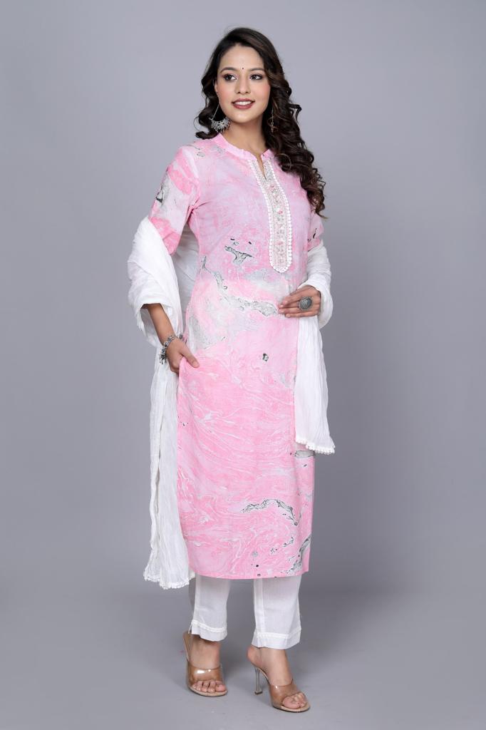 NOZ2TOZ Women Printed Pink & White Cotton Kurta Set With Dupatta - Pink - Distacart